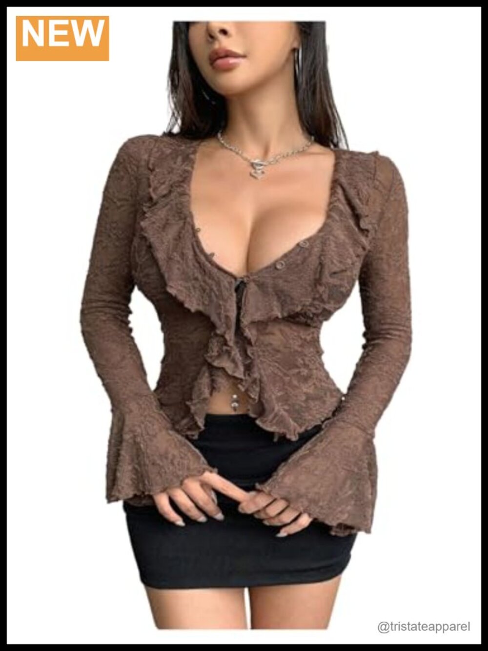 Women's Lace Bell Sleeve Button Up Deep V Neck Top